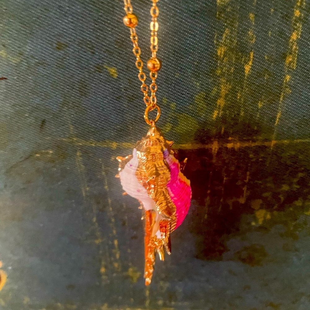 Gold And Pink Shell Pendant Necklace Ombre Conch Shell Necklace New